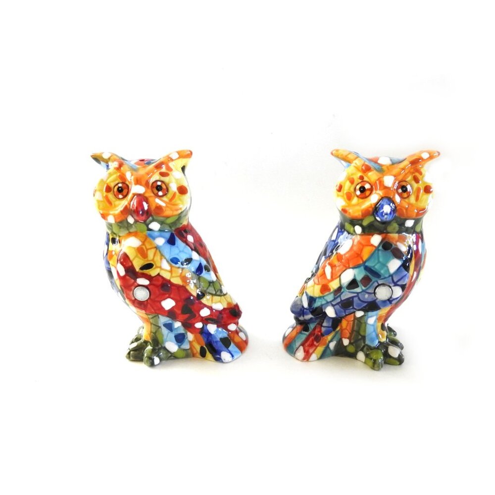 2009 Barcino Italy Ceramic Colorful Mosaic Owl Salt Pepper Shakers Magnets